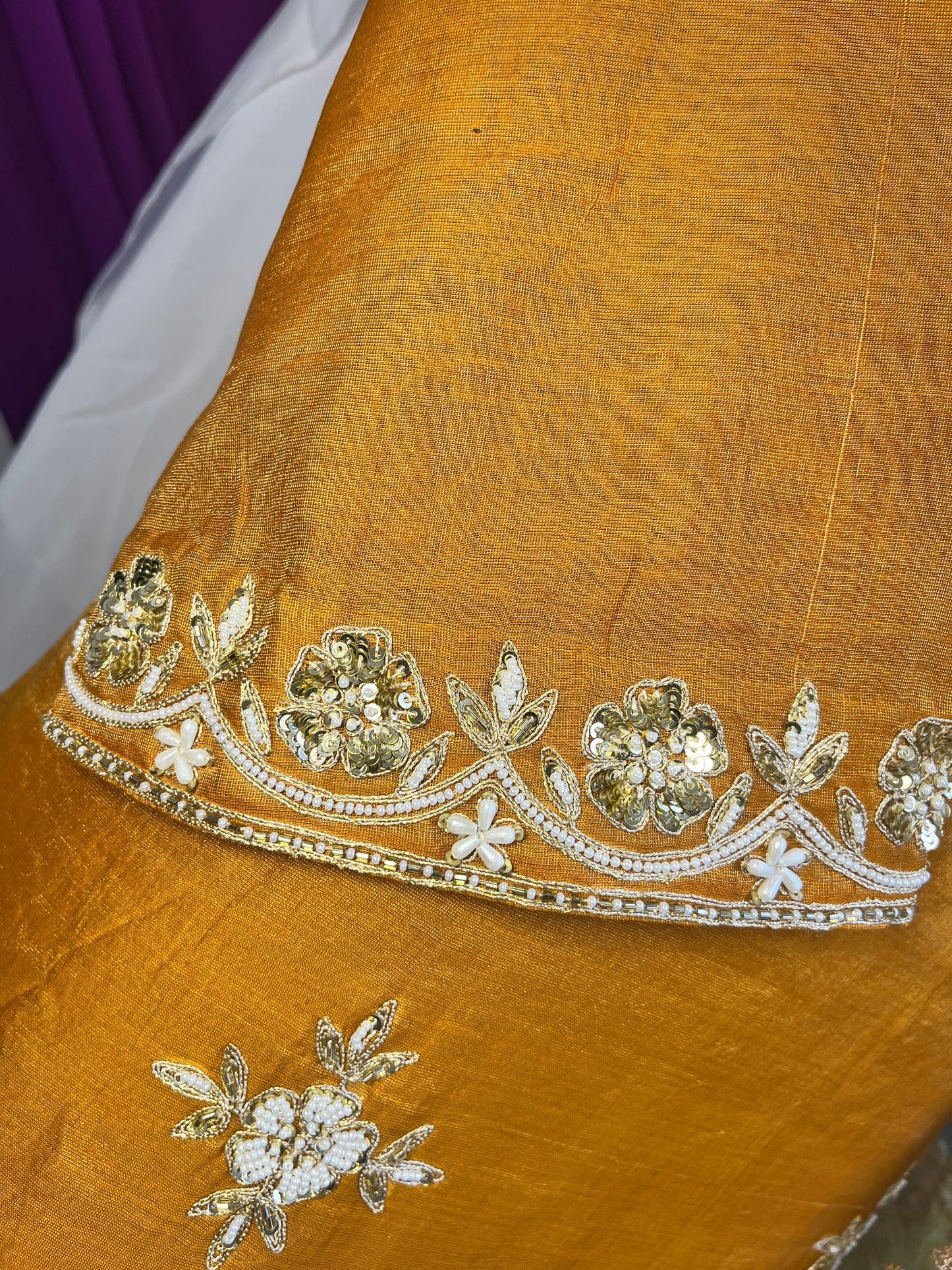 Mustard Tissue Kurta Set with Multicolor Dupatta & Brocket Pants