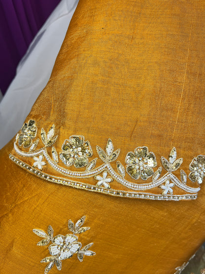 Mustard Tissue Kurta Set with Multicolor Dupatta & Brocket Pants