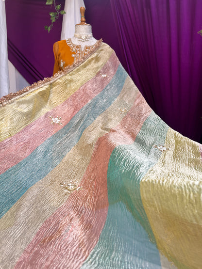 Mustard Tissue Kurta Set with Multicolor Dupatta & Brocket Pants