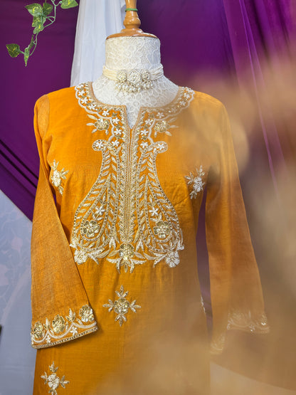 Mustard Tissue Kurta Set with Multicolor Dupatta & Brocket Pants