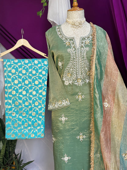 Pista Green Tissue Kurta Set with Multicolor Dupatta & Brocket Pants