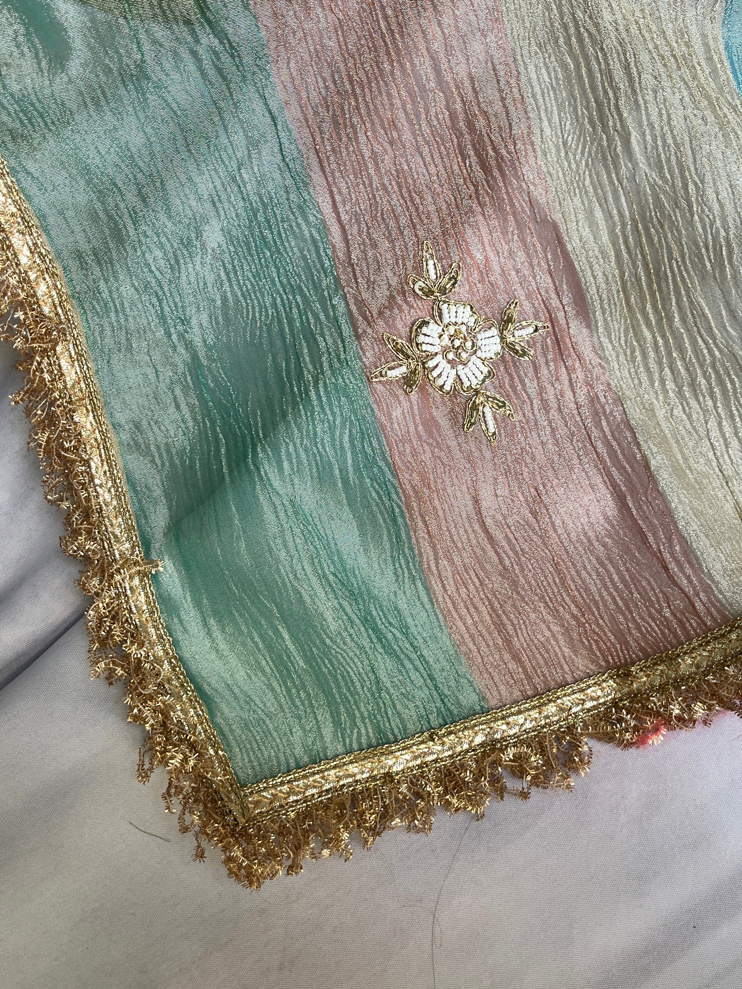 Pista Green Tissue Kurta Set with Multicolor Dupatta & Brocket Pants