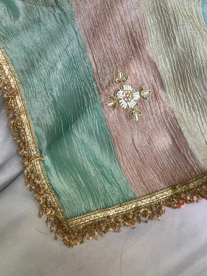 Pista Green Tissue Kurta Set with Multicolor Dupatta & Brocket Pants