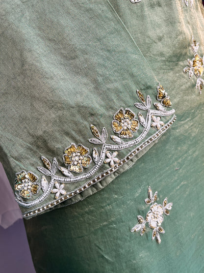 Pista Green Tissue Kurta Set with Multicolor Dupatta & Brocket Pants