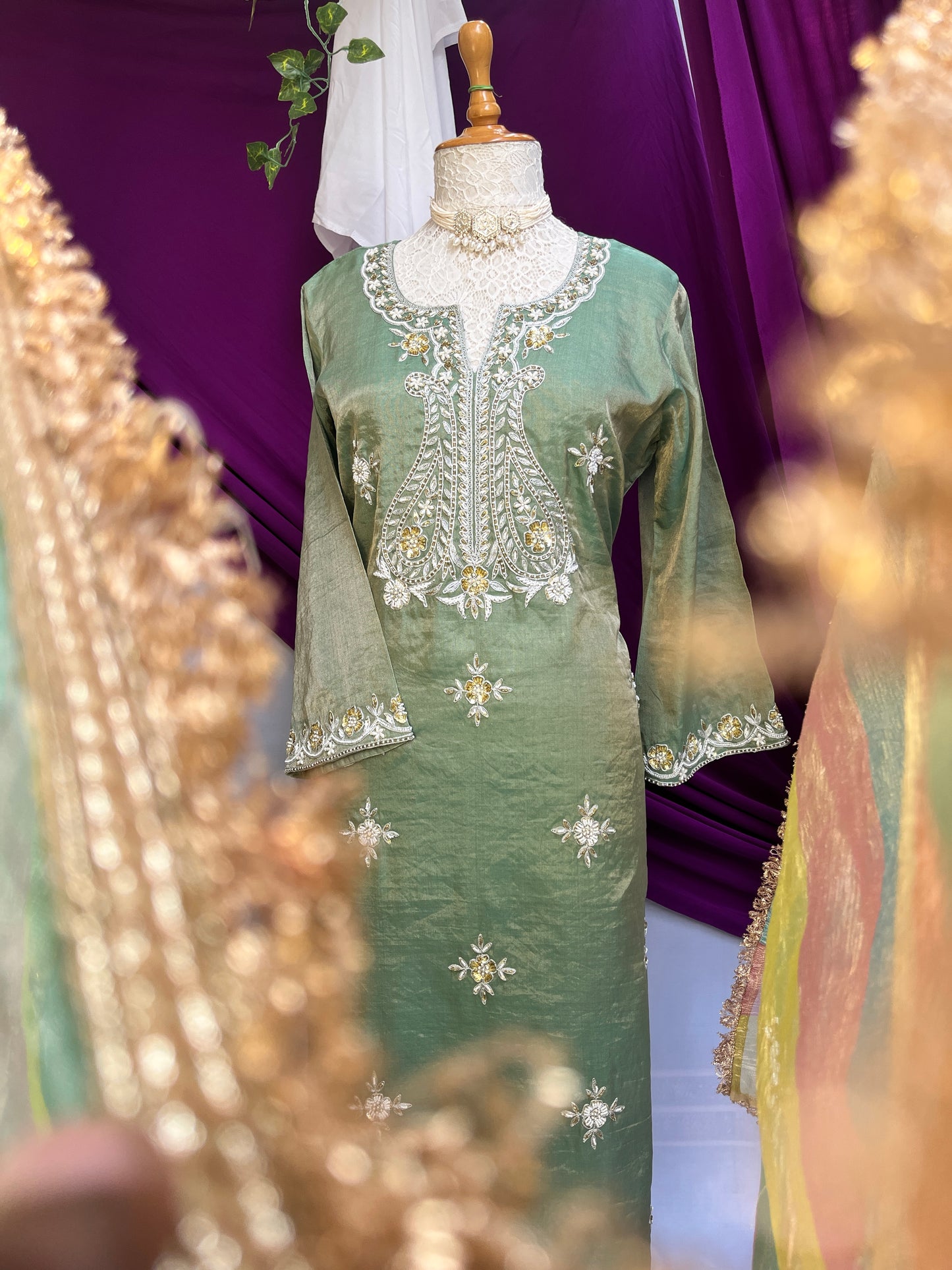 Pista Green Tissue Kurta Set with Multicolor Dupatta & Brocket Pants