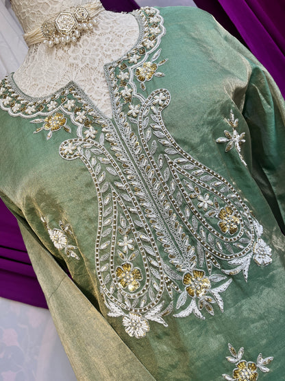 Pista Green Tissue Kurta Set with Multicolor Dupatta & Brocket Pants