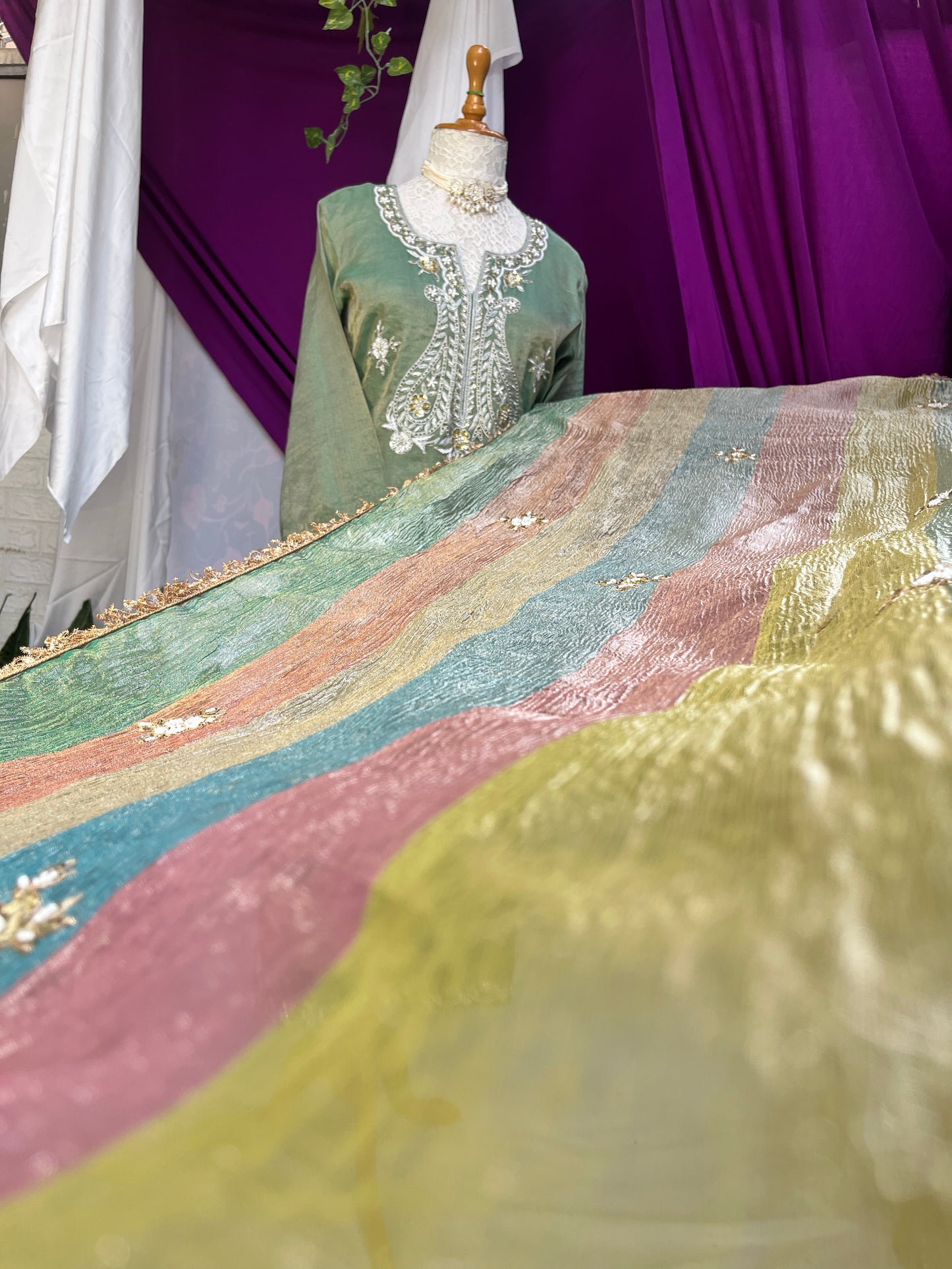 Pista Green Tissue Kurta Set with Multicolor Dupatta & Brocket Pants