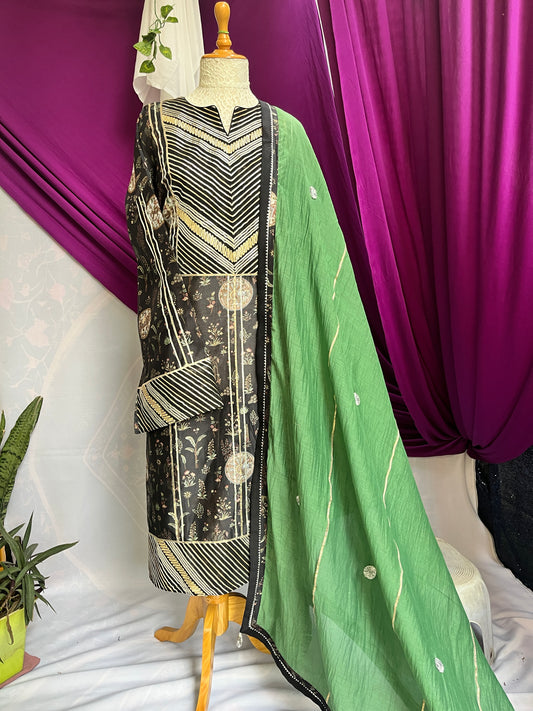 Black Digital Print Suit with Green Mulmul Dupatta