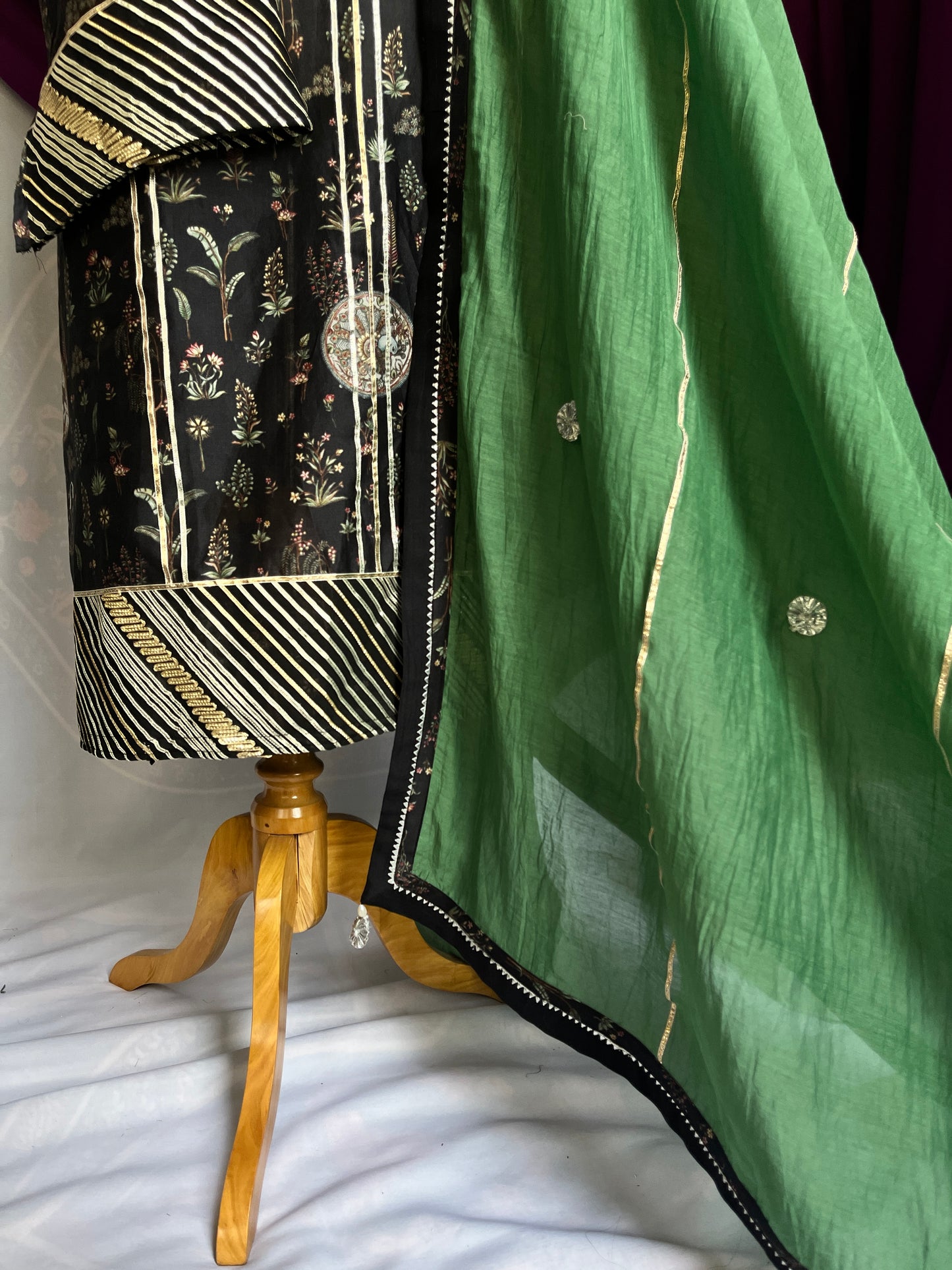 Black Digital Print Suit with Green Mulmul Dupatta