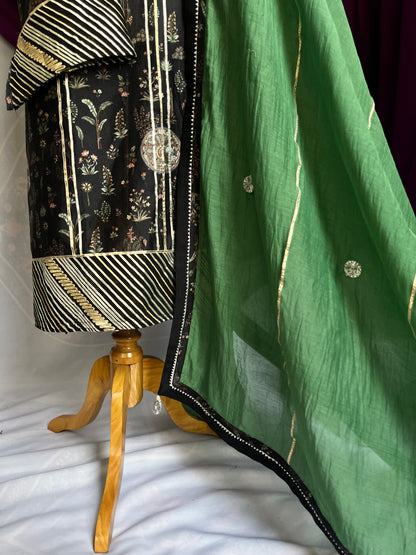 Black Digital Print Suit with Green Mulmul Dupatta