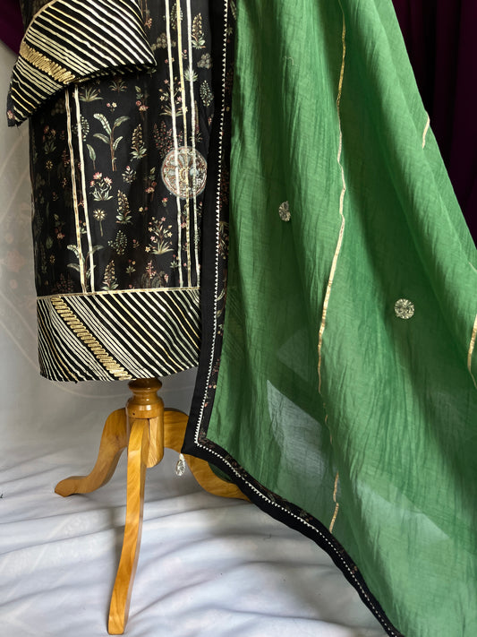 Black Digital Print Suit with Green Mulmul Dupatta