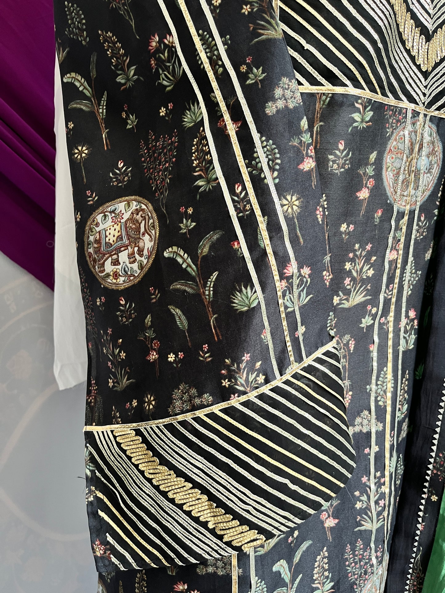 Black Digital Print Suit with Green Mulmul Dupatta