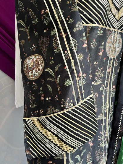 Black Digital Print Suit with Green Mulmul Dupatta