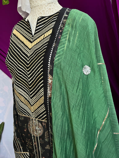 Black Digital Print Suit with Green Mulmul Dupatta
