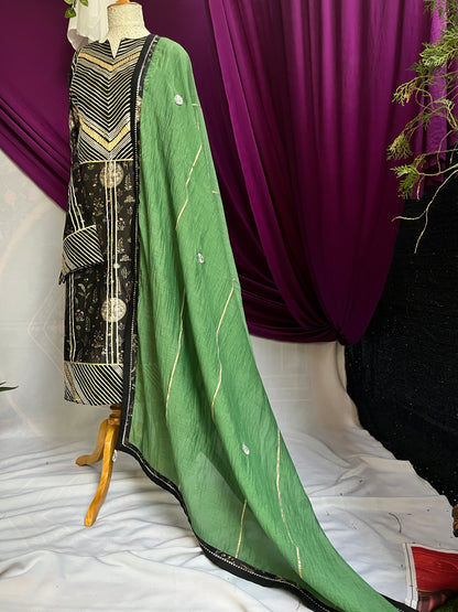 Black Digital Print Suit with Green Mulmul Dupatta