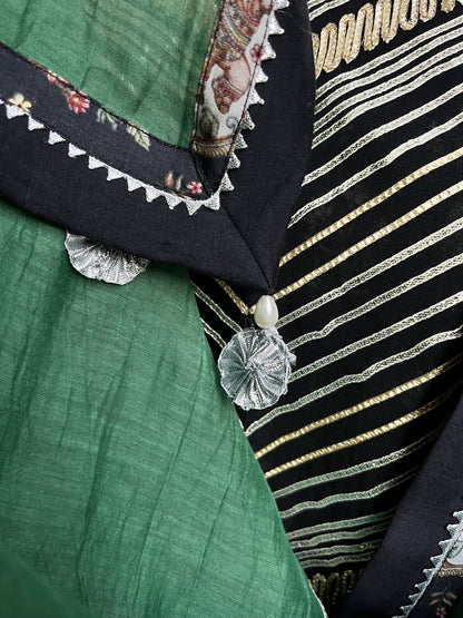 Black Digital Print Suit with Green Mulmul Dupatta