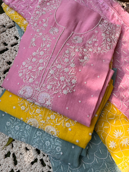 Mulmul Kurta Set with Hand Chikankari & Pearl Moti Work Heavy Jaal Dupatta (Set of 3) (Unstitched)