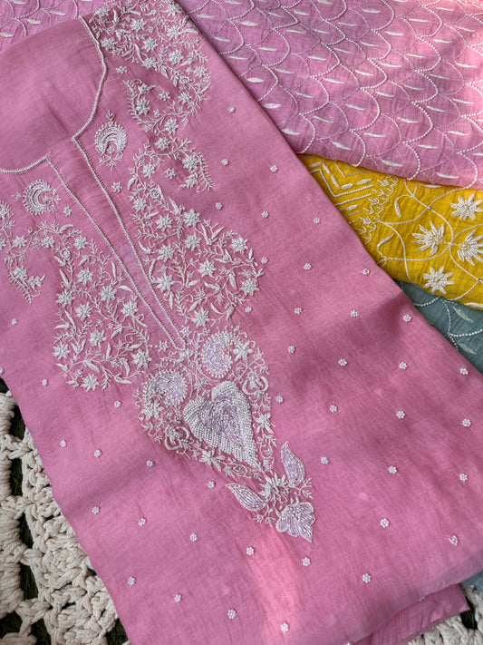 Mulmul Kurta Set with Hand Chikankari & Pearl Moti Work Heavy Jaal Dupatta (Set of 3) (Unstitched)