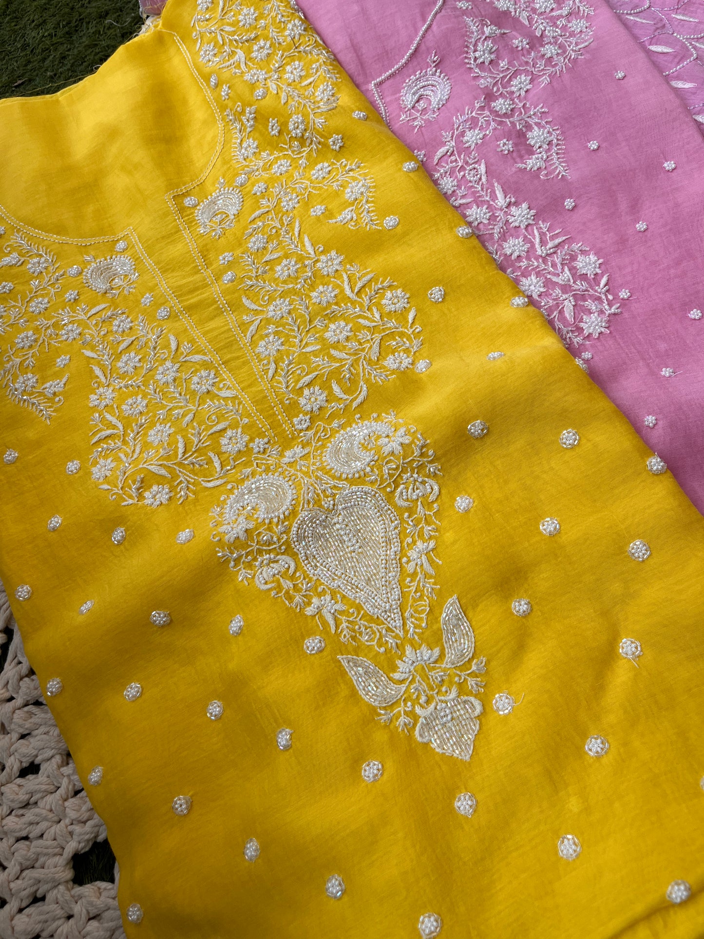 Mulmul Kurta Set with Hand Chikankari & Pearl Moti Work Heavy Jaal Dupatta (Set of 3) (Unstitched)