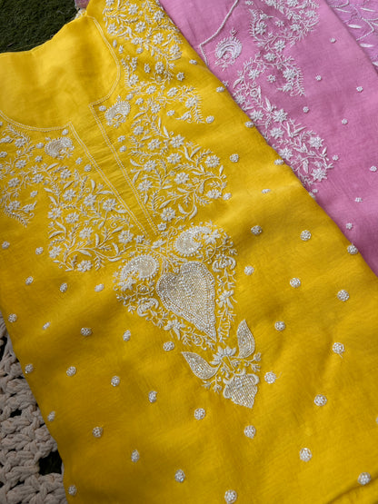 Mulmul Kurta Set with Hand Chikankari & Pearl Moti Work Heavy Jaal Dupatta (Set of 3) (Unstitched)