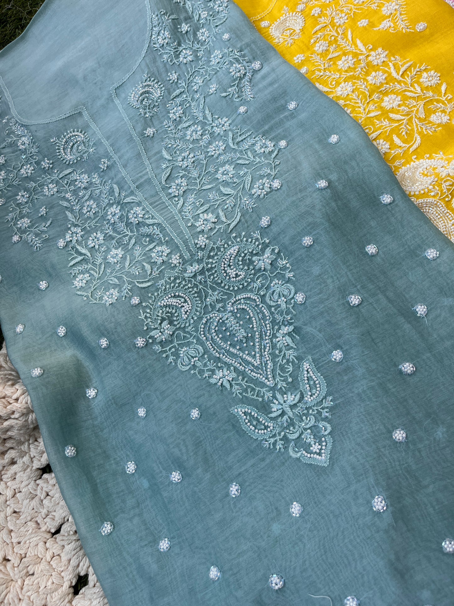 Mulmul Kurta Set with Hand Chikankari & Pearl Moti Work Heavy Jaal Dupatta (Set of 3) (Unstitched)