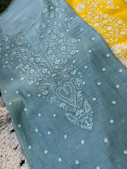Mulmul Kurta Set with Hand Chikankari & Pearl Moti Work Heavy Jaal Dupatta (Set of 3) (Unstitched)