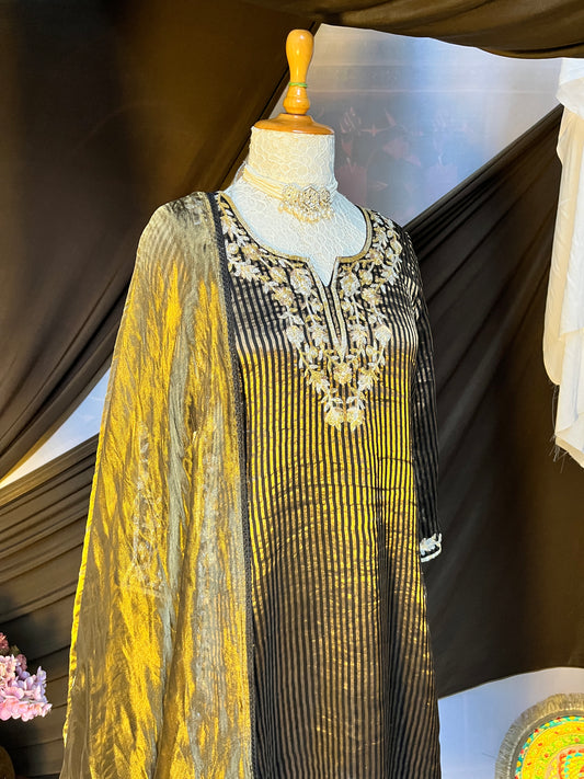 Black and Golden Tissue Kurta Set