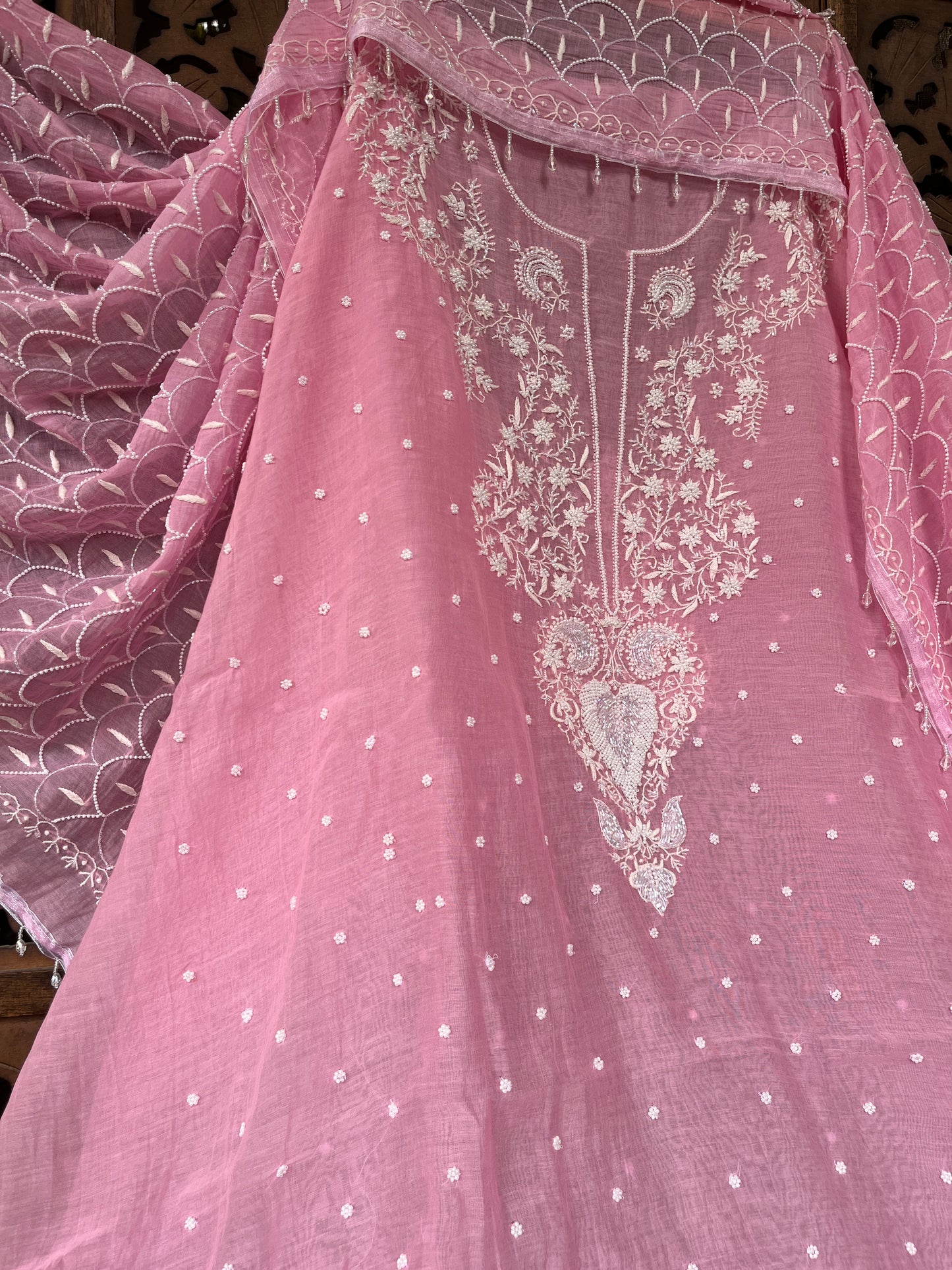 Mulmul Kurta Set with Hand Chikankari & Pearl Moti Work Heavy Jaal Dupatta (Set of 3) (Unstitched)