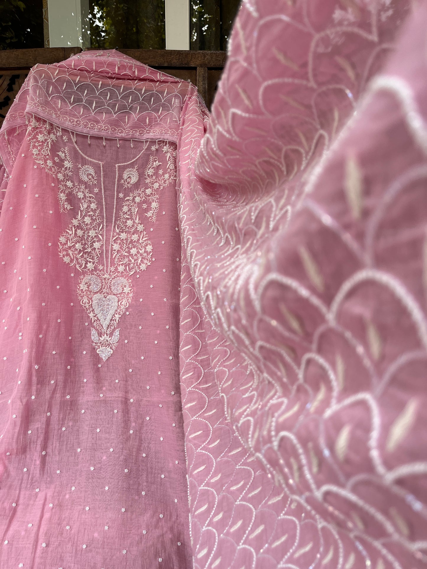 Mulmul Kurta Set with Hand Chikankari & Pearl Moti Work Heavy Jaal Dupatta (Set of 3) (Unstitched)