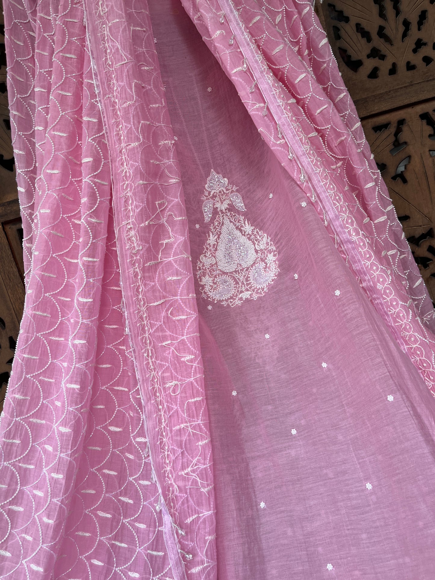 Mulmul Kurta Set with Hand Chikankari & Pearl Moti Work Heavy Jaal Dupatta (Set of 3) (Unstitched)