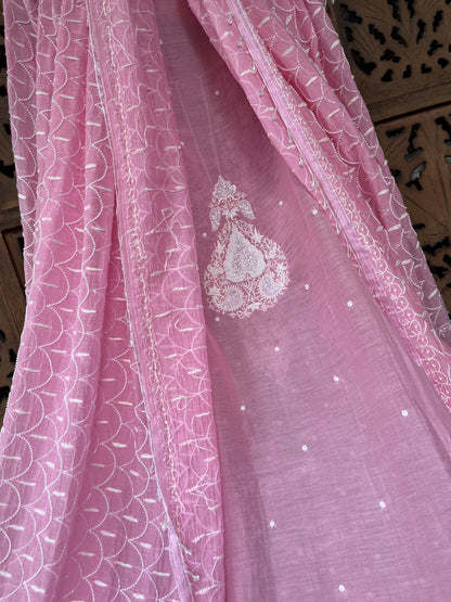 Mulmul Kurta Set with Hand Chikankari & Pearl Moti Work Heavy Jaal Dupatta (Set of 3) (Unstitched)