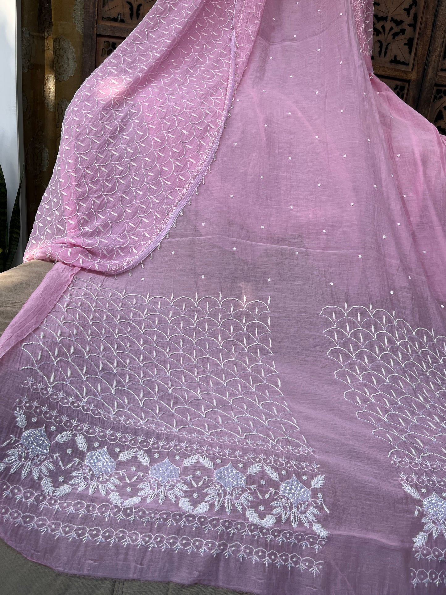 Mulmul Kurta Set with Hand Chikankari & Pearl Moti Work Heavy Jaal Dupatta (Set of 3) (Unstitched)