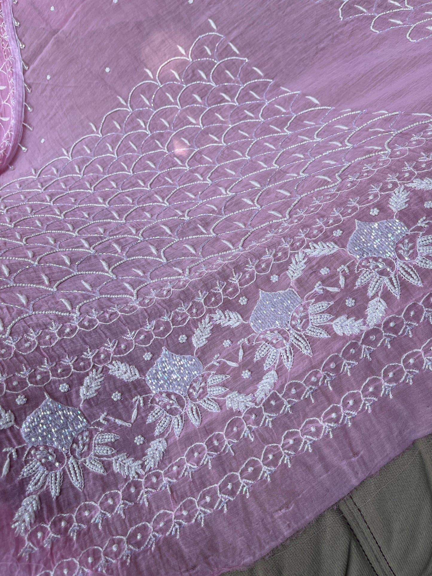 Mulmul Kurta Set with Hand Chikankari & Pearl Moti Work Heavy Jaal Dupatta (Set of 3) (Unstitched)