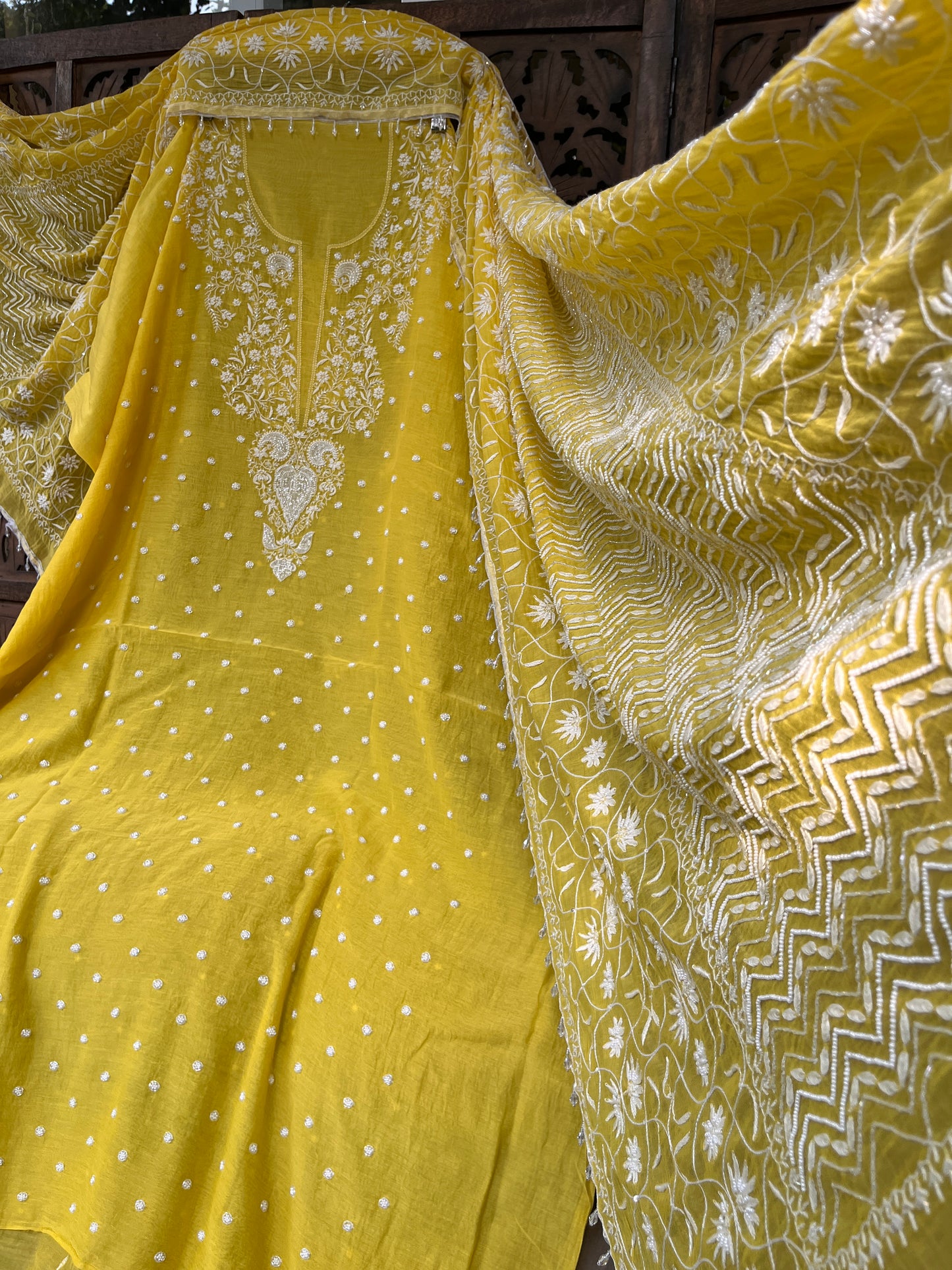 Mulmul Kurta Set with Hand Chikankari & Pearl Moti Work Heavy Jaal Dupatta (Set of 3) (Unstitched)