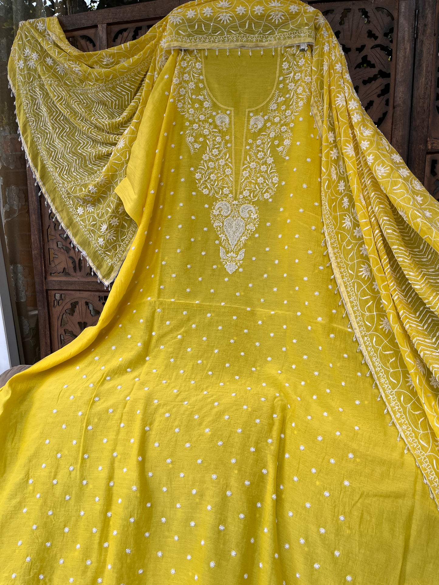 Mulmul Kurta Set with Hand Chikankari & Pearl Moti Work Heavy Jaal Dupatta (Set of 3) (Unstitched)