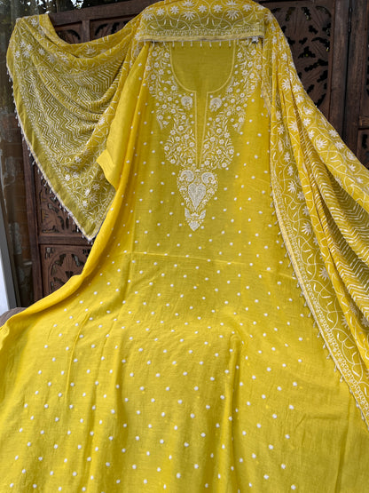 Mulmul Kurta Set with Hand Chikankari & Pearl Moti Work Heavy Jaal Dupatta (Set of 3) (Unstitched)