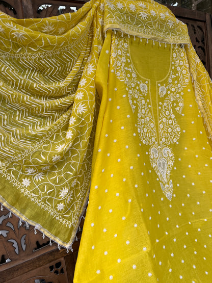 Mulmul Kurta Set with Hand Chikankari & Pearl Moti Work Heavy Jaal Dupatta (Set of 3) (Unstitched)