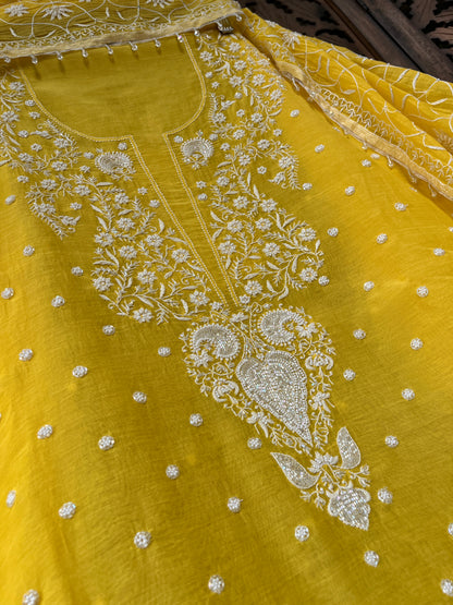 Mulmul Kurta Set with Hand Chikankari & Pearl Moti Work Heavy Jaal Dupatta (Set of 3) (Unstitched)