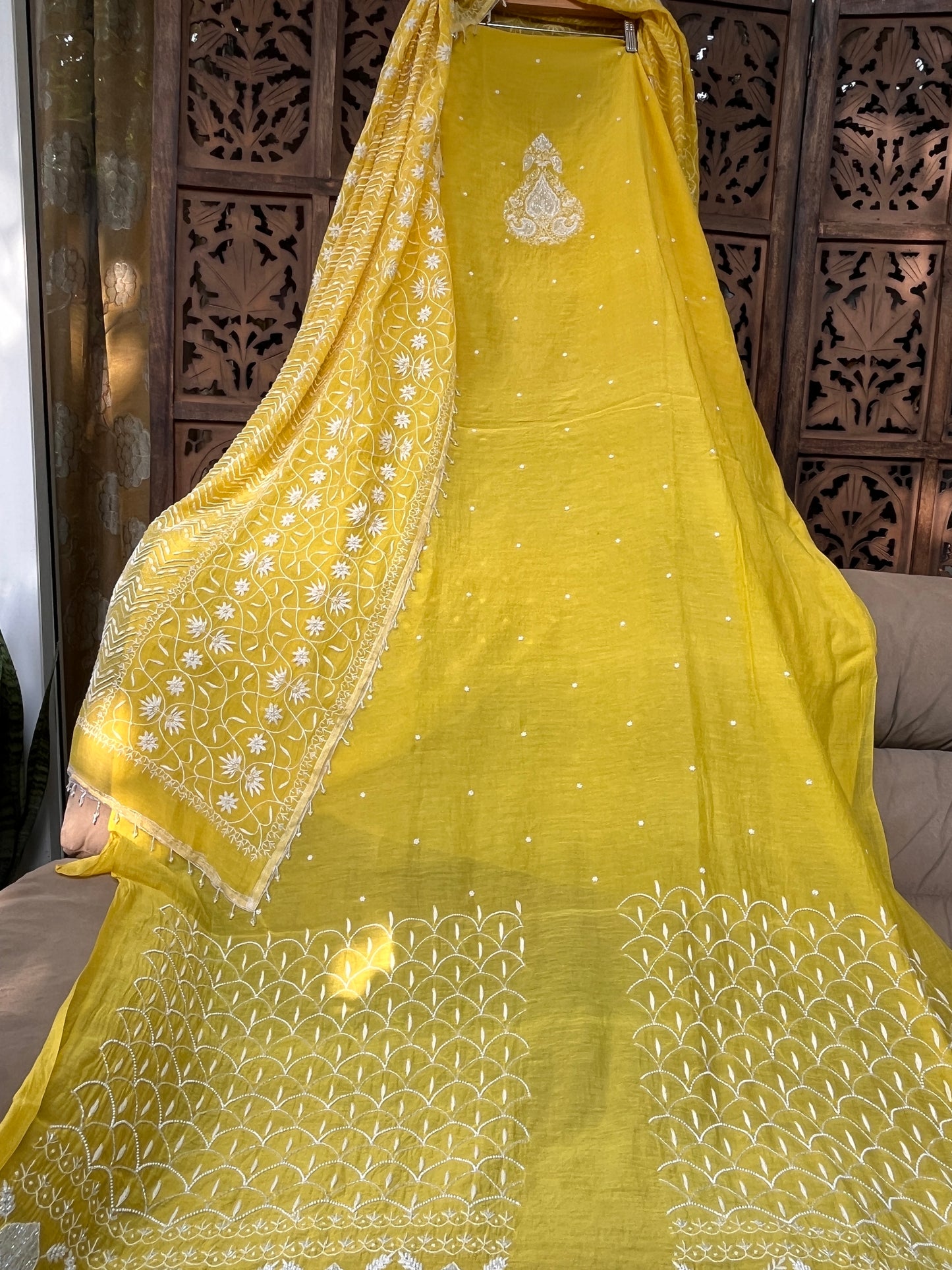 Mulmul Kurta Set with Hand Chikankari & Pearl Moti Work Heavy Jaal Dupatta (Set of 3) (Unstitched)