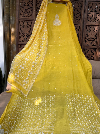 Mulmul Kurta Set with Hand Chikankari & Pearl Moti Work Heavy Jaal Dupatta (Set of 3) (Unstitched)