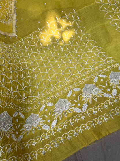 Mulmul Kurta Set with Hand Chikankari & Pearl Moti Work Heavy Jaal Dupatta (Set of 3) (Unstitched)