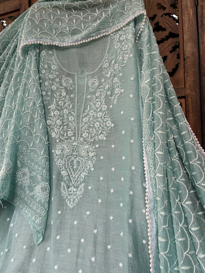 Mulmul Kurta Set with Hand Chikankari & Pearl Moti Work Heavy Jaal Dupatta (Set of 3) (Unstitched)