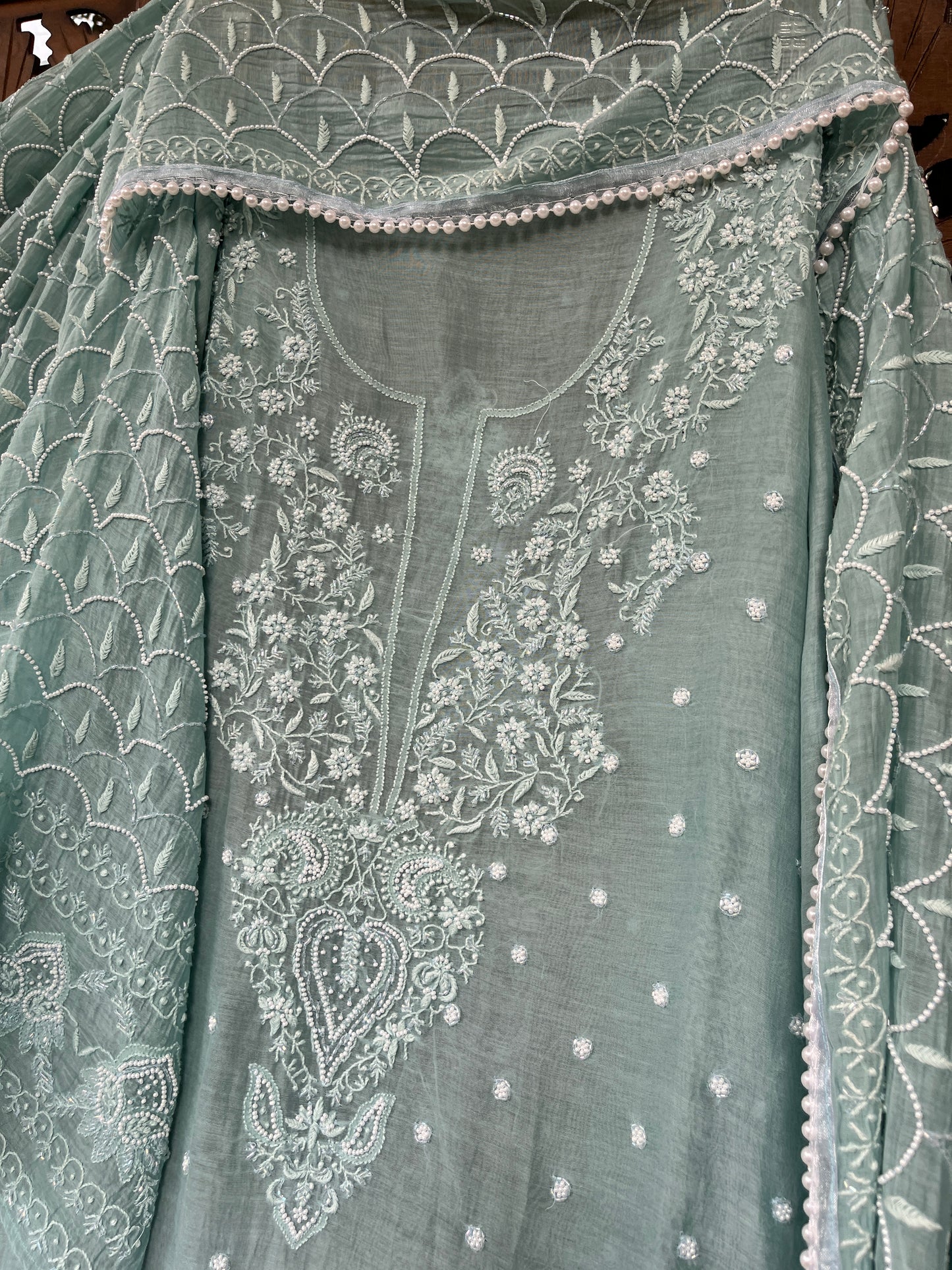 Mulmul Kurta Set with Hand Chikankari & Pearl Moti Work Heavy Jaal Dupatta (Set of 3) (Unstitched)
