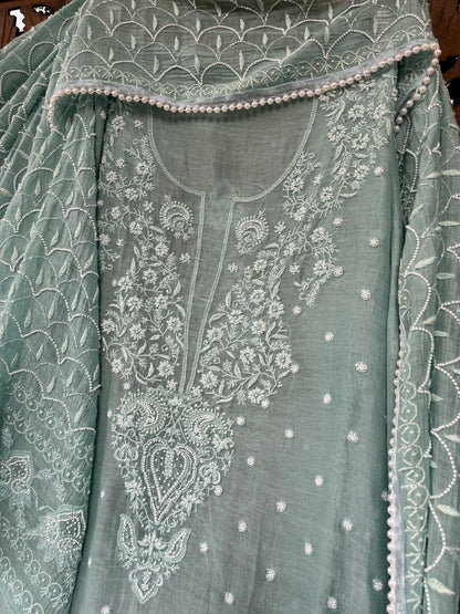 Mulmul Kurta Set with Hand Chikankari & Pearl Moti Work Heavy Jaal Dupatta (Set of 3) (Unstitched)
