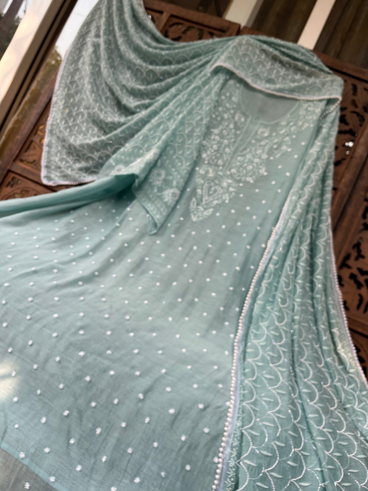 Mulmul Kurta Set with Hand Chikankari & Pearl Moti Work Heavy Jaal Dupatta (Set of 3) (Unstitched)