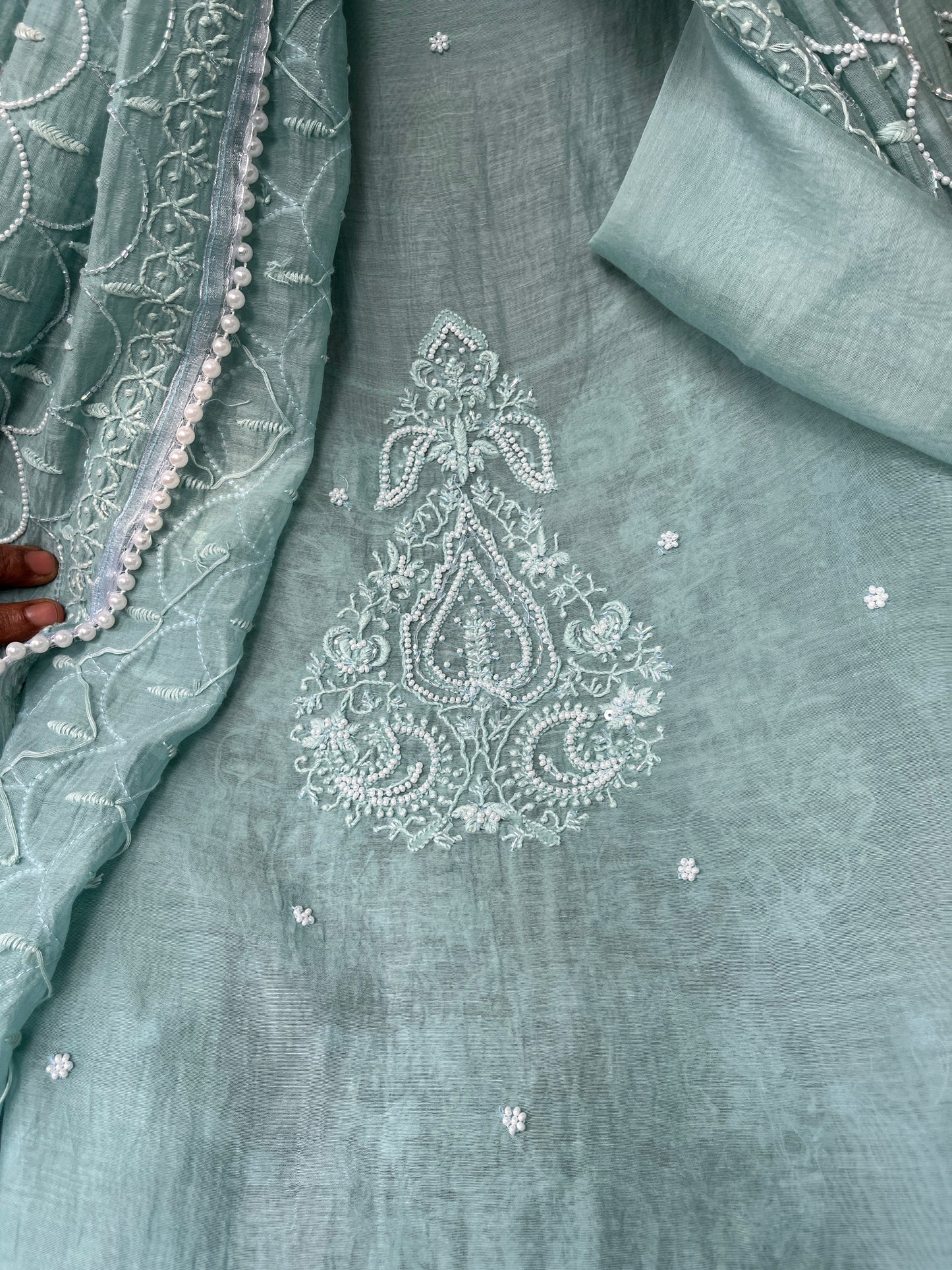 Mulmul Kurta Set with Hand Chikankari & Pearl Moti Work Heavy Jaal Dupatta (Set of 3) (Unstitched)