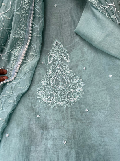 Mulmul Kurta Set with Hand Chikankari & Pearl Moti Work Heavy Jaal Dupatta (Set of 3) (Unstitched)