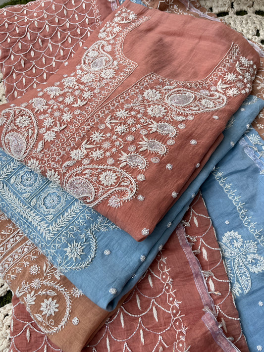 Mulmul Kurta Set with Hand Chikankari & Pearl Moti Work Heavy Jaal Dupatta (Set of 3) (Unstitched)