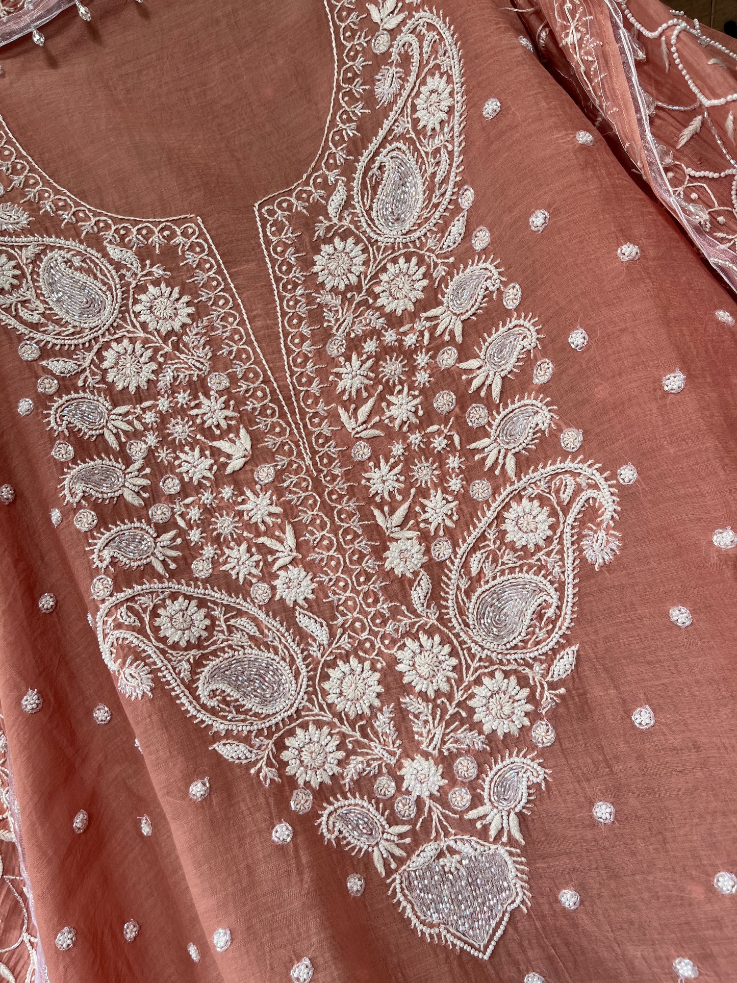Mulmul Kurta Set with Hand Chikankari & Pearl Moti Work Heavy Jaal Dupatta (Set of 3) (Unstitched)