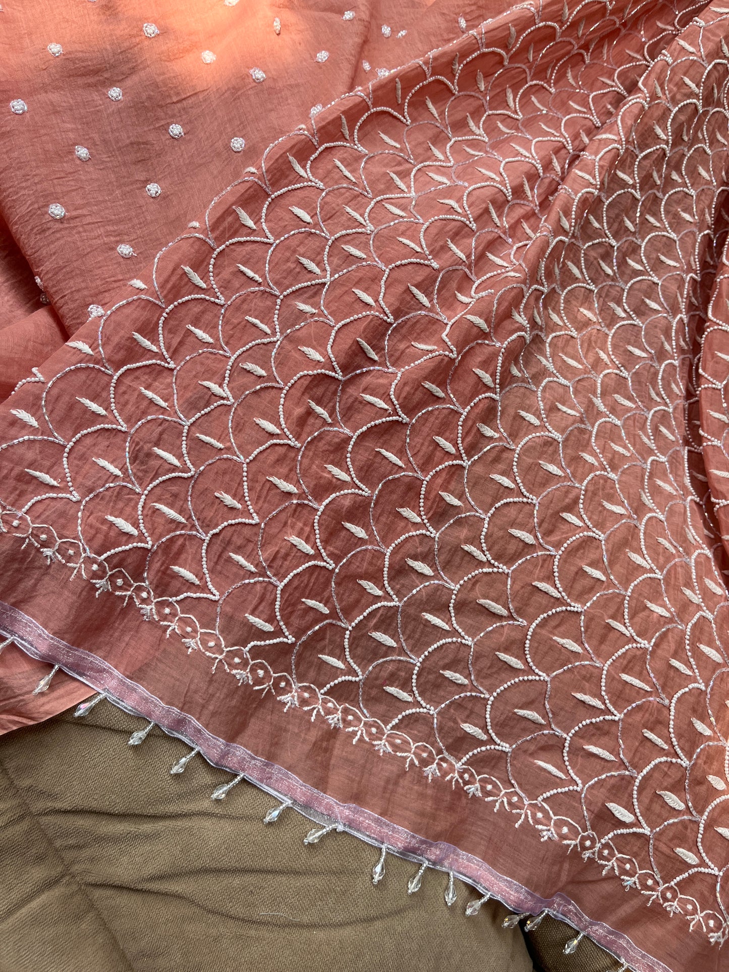 Mulmul Kurta Set with Hand Chikankari & Pearl Moti Work Heavy Jaal Dupatta (Set of 3) (Unstitched)